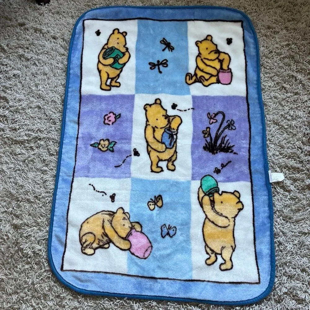Vintage Disney Winnie the Pooh Fleece Baby Blanket Classic Squares Honey Pot EUC